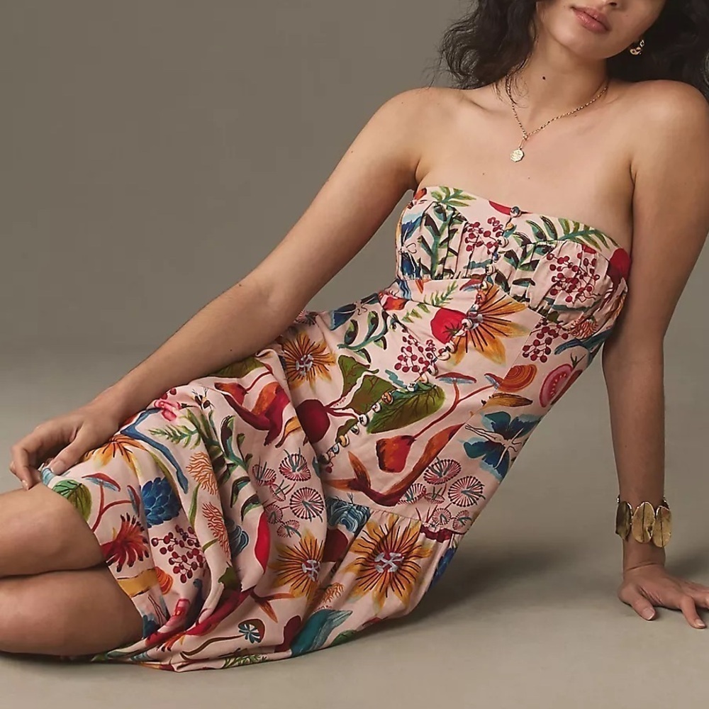 Farm Rio Bright Farm Strapless Linen Midi Dress Size L